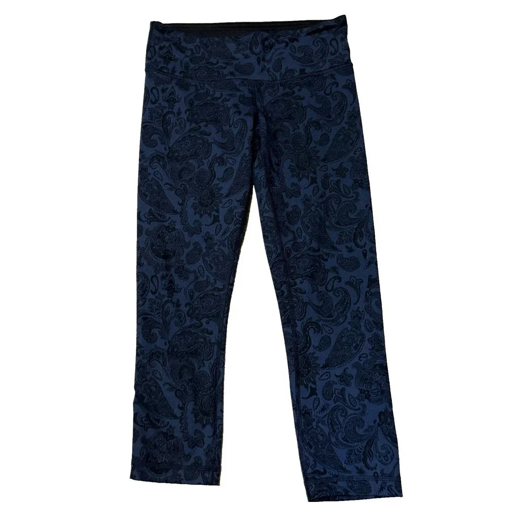 Lululemon Wunder Under Crop Leggings Womens 6 Blue Paisley Yoga Athletic Pants